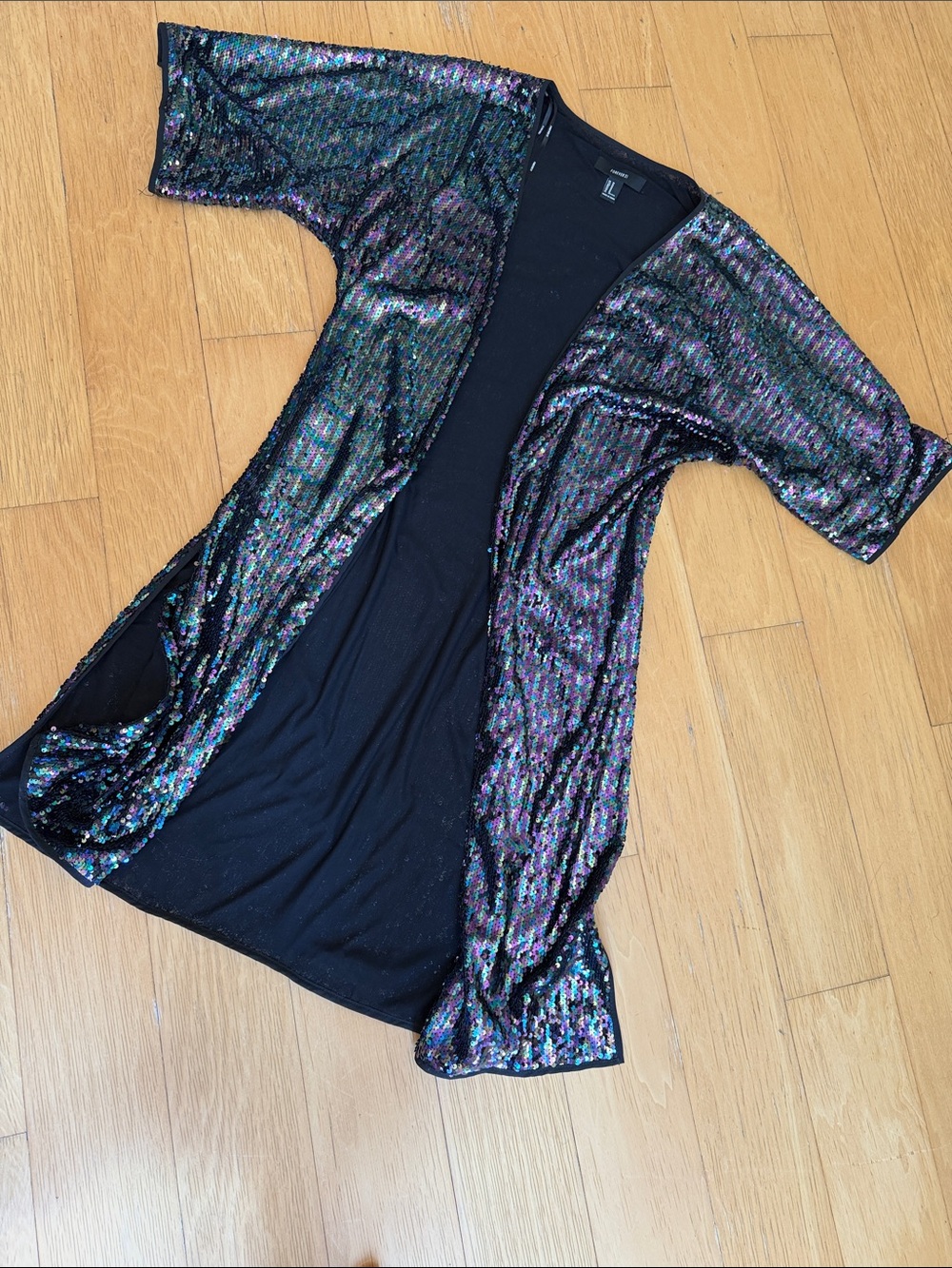 Forever 21 Black Sequin Duster Kimono with Iridescent Shine